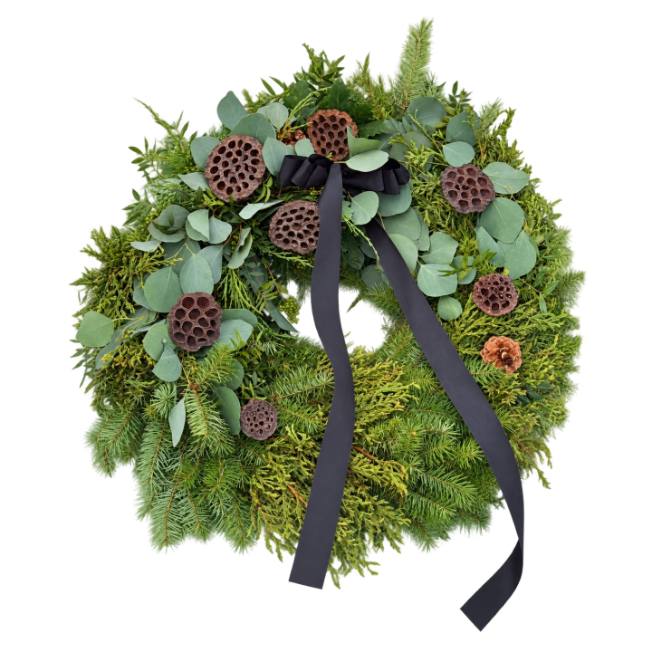 VE 301 - Chvojový věnec trvanlivý- Eukalyptus + Lotus